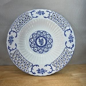 Vintage Reticulated blue and white‎ porcelain shallow bowl 10”